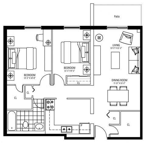 Floor plan for 2 beds, 1 bath, 876 sqft